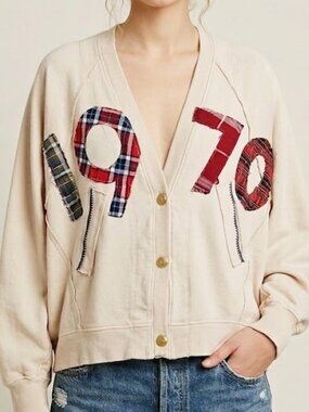 Free People Tricia Fix Cardigan Sweatshirt Lg 1970 Repurposed Vintage Reworked